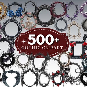 Może przedstawiać: Kolekcja ponad 500 obrazów clipart w stylu gotyckim z ozdobnymi czarnymi ramkami z czaszkami, różami i innymi mrocznymi detalami. Ramki idealnie nadają się do dodania gotyckiego stylu do projektów.