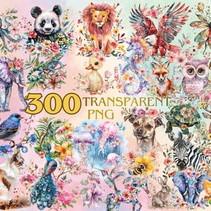 Clipart aquarelle animaux floraux, plus de 300 images colorées PNG de bébé animal mignon avec des fleurs, animaux floraux printaniers, animaux de compagnie, usage Commercial