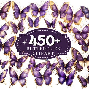 Purple & Gold Butterflies Watercolor Clipart 450 Elegant Violet Butterfly Graphics, watercolor Butterflies, Digital Download, Commercial Use