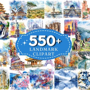 550 Landmarks Watercolor Clipart Bundle PNG, Iconic World Monument Images, Historic Site Graphics, Popular landmark wonders, Commercial use