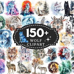150 Wolves Watercolor Clipart Bundle PNG Wolf Fairytale Images, Cute baby Wolf, Fantasy Magical Graphics, Digital Download, Commercial Use