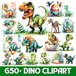 Paquete de imágenes prediseñadas de dinosaurios lindos, imágenes prediseñadas de dinosaurios en acuarela, PNG de dinosaurio bebé, gráficos para guardería de dinosaurios, decoración para fiesta de cumpleaños de dinosaurios, T-Rex