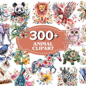 Floral Animals Watercolor Clipart 300+ PNG Cute Baby Animal Colorful Images with Flowers, Spring Floral Animals, Pet Animals, Commercial Use