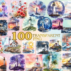 Watercolor Lighthouse Clipart Bundle 100 PNG, Beach, Light House Clipart, Ocean Landscape, Coastal Clipart - Instant Download Commercial Use