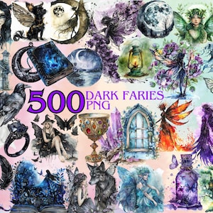 Dark Fairies Watercolor Clipart Bundle, Magical Fairytale Illustrations, Enchanting fairytale art, Gothic designs PNG, Commercial use
