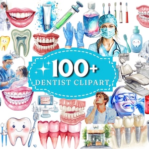 Zahnheilkunde Aquarell Clipart Bundle, 100 PNG Zahnpflege Bilder, Mundgesundheit Ausrüstung Grafiken, sofortiger digitaler Download, kommerzielle Nutzung