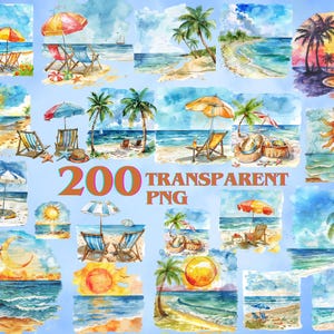 200 PNG Watercolor Tropical Beach Clipart, Summer Beach Clip art, Vacation Scenery, Ocean, Tropical Sunset, Morning Sunrise, Beach Fashion