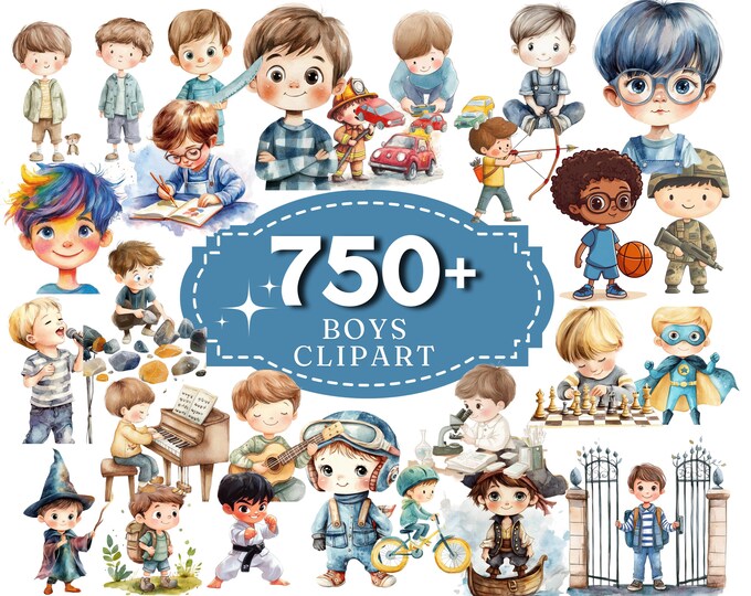 Watercolor Boys Clipart Bundle, Cute Boys Clipart, Little Boy ...