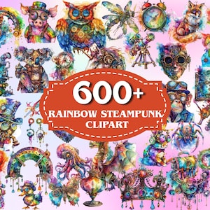 Rainbow Steampunk Watercolor Clipart Bundle 600+ PNG Multicolor Modern Steampunk Images, Vibrant Graphics, Fantasy Steampunk, Commercial Use