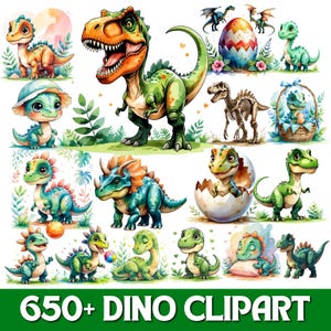 Paquete de imágenes prediseñadas de dinosaurios en acuarela, imágenes prediseñadas de dinosaurios lindos, imágenes PNG de dinosaurios bebés, gráficos para guardería de dinosaurios, decoración para fiesta de cumpleaños de dinosaurios, T-Rex