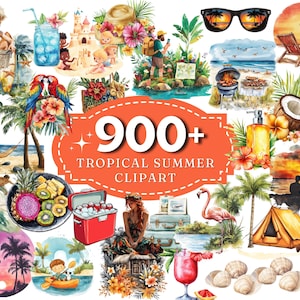 Tropical Summer Watercolor Clipart Bundle of 900 PNG Sunny Tropical Images, Beach Summer Vacation Graphics, Instant Download, Commercial Use
