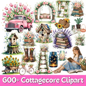 Cottagecore Bücher Aquarell Clipart CottageCore Frühling Clipart Bündel 600 Cottage Buch Bilder Gemütliche Bücherwurm Grafik, Stricken, Häkeln