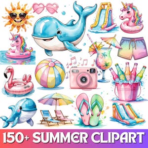 Summer clipart bundle, summer Watercolor clipart, cute summer animals clipart Design png, Beach, Animals, Pool Party & Summer Food Designs