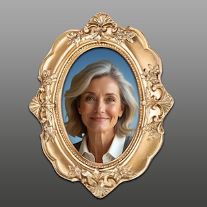 May include: A woman with gray hair is pictured in a gold oval frame. The frame has ornate details and a blue background.