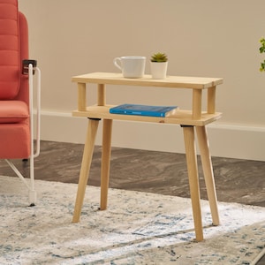 Narrow Pine Wood Side Table with Storage - Slim Sofa End Table