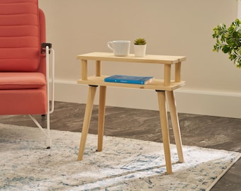 Narrow Pine Wood Side Table with Storage - Slim Sofa End Table