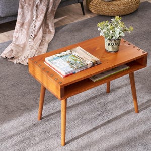 May include: A light brown wooden end table with a lower shelf and decorative metal accents. The table has four legs and is sitting on a gray rug. A book and a potted plant are on the table.