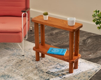 Rustic Pine Wood Side Table: Slim Nightstand Bookcase