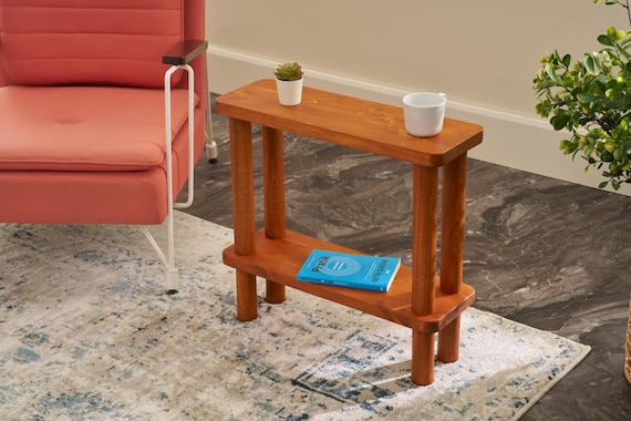 Rustic Pine Wood Side Table: Slim Nightstand Bookcase