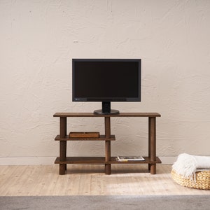 Solid Wood TV Unit: Rustic Media Stand with Bookcase Shelf