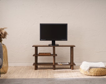 Solid Wood TV Unit: Rustic Media Stand with Bookcase Shelf