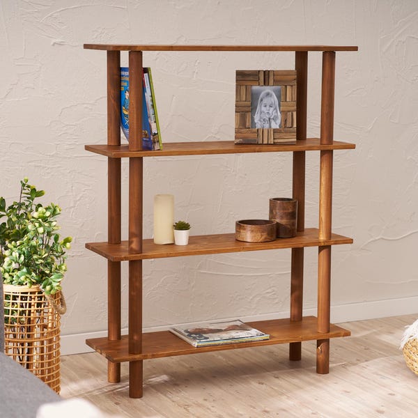 Solid Pine Wood Bookshelf: Mid Century Modern, 4-Tier Bookcase