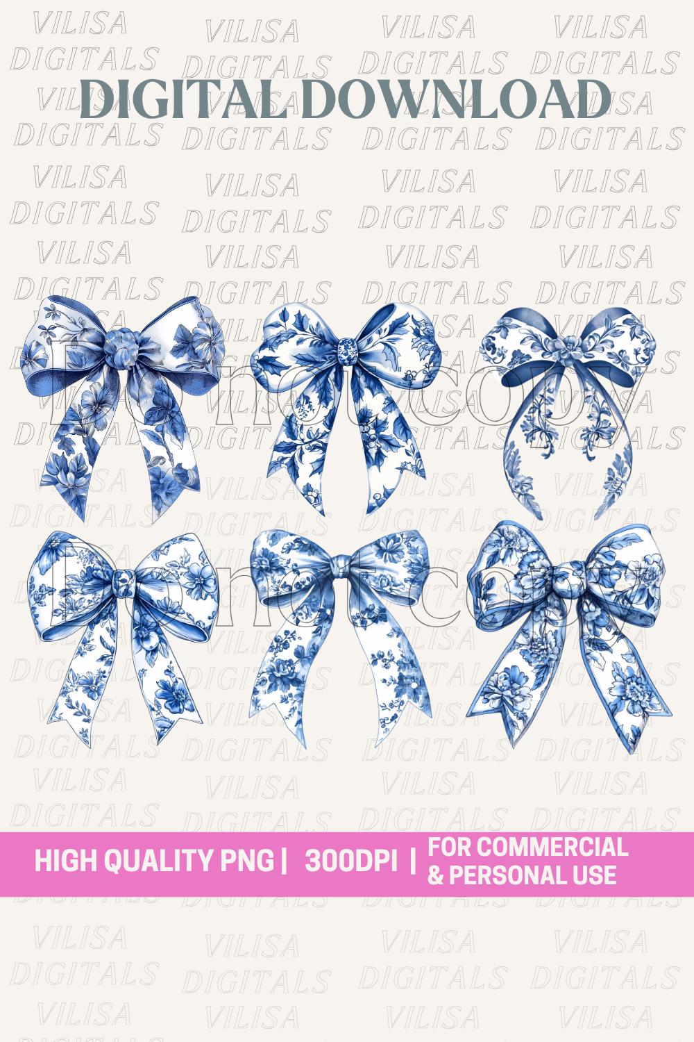 12 Blue Floral Chinoiserie Bow PNG Bundle, Preppy Coquette Bows Digital ...