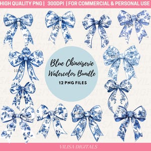 Bundle PNG de 12 noeuds de chinoiseries florales bleu, coquette BCBG noeuds des cliparts numérique, esthétique grand-millénaire, toile de Jouy Sublimation Design