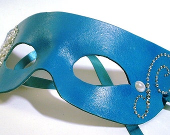 Peacock Blue Leather mask with sparkly accents