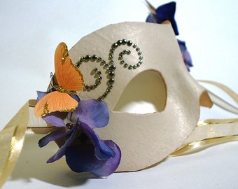 Ivory Leather Mask with Butterfly and Flower Accents