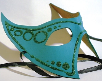 Teal Leather Mask with Glitter Accents