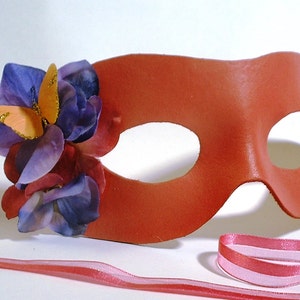 Pink Grapefruit Leather Mask with Butterfly and Flower Accents image 1