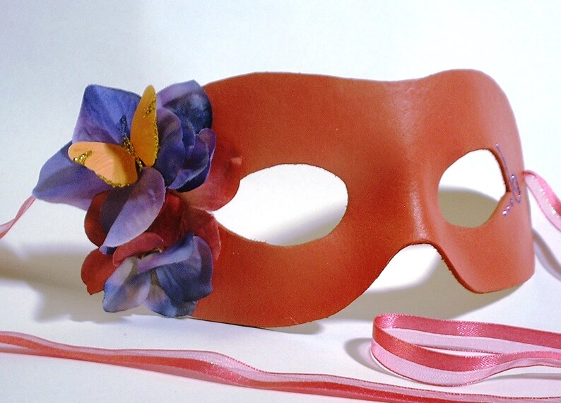 Pink Grapefruit Leather Mask with Butterfly and Flower Accents image 1