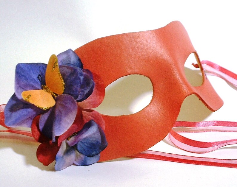 Pink Grapefruit Leather Mask with Butterfly and Flower Accents image 4