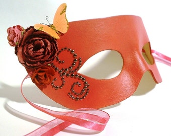 Pink Grapefruit Leather Mask with Butterfly and Flower Accents