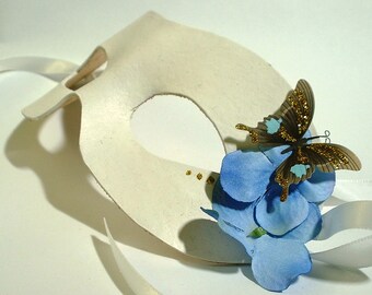 White Leather Mask with Butterfly and Flower Accents