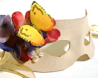 Ivory Leather Mask with Butterfly and Flower Accents