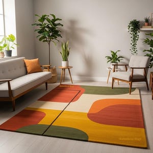 Può includere: Un tappeto rettangolare caratterizzato da un motivo astratto su larga scala con forme arrotondate nei toni del giallo senape, arancione bruciato, verde oliva e crema, accentuato da una sottile linea nera. Il testo HomeDecor Rugs è visibile.