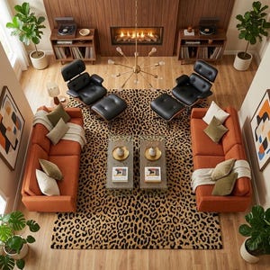Puede incluir: Vista aérea de un salón moderno con una alfombra con estampado de leopardo, dos sofás naranjas y dos sillones de cuero negro. Dos mesas auxiliares de madera con tocadiscos flanquean una chimenea. Una lámpara de araña dorada cuelga del techo.