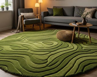 Moss Tufted Rug, Green Round Rug, Faux Moss Rug, Forest Tree Ring Rug, Sensory Rug, Nature Inspired Rug, 3D Textured Rug, Modern Home Decor
