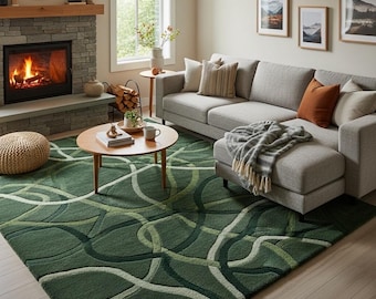 Green Abstract Wool Rug — Hand Tufted Modern Area Carpet for Living Room | Contemporary Nature Pattern Soft Wool Floor Rug | Custom Size Rug