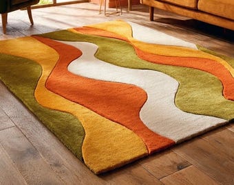 Alfombra de lana tejida a mano: diseño escultural ondulado abstracto retro / Alfombra de sala de estar estilo moderno de mediados de siglo de los años 70