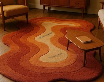 Retro Sunset Wavy Rug - Handmade Freeform Mid Century Style Wool Carpet in Burnt Orange & Terracotta tones