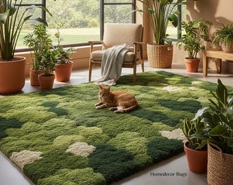 Handmade Moss Tufted Rug – Plush Green High Pile Wool Carpet | Nature-Inspired 3D Textured Area Rug for Boho Living Room & Bedroom Decor
