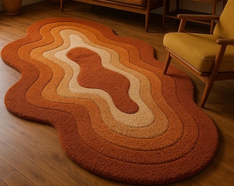 Retro Sunset Rug | 70s Style Abstract Orange Wool Area Rug | Mid Century Modern Hand Tufted Rug | Boho Living Room Decor Teppich