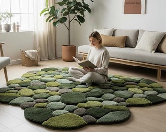 3D Moss Pebble Tufted Rug – Green & Grey Stone Inspired Carpet | Nature Home Decor, Organic Sculptural Rug | Boho Living Room Floor Mat