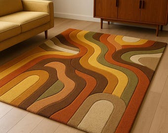 Retro Wave Shag Rug – 70s Groovy Mid-Century Modern Geometric Area Carpet – Brown Orange Yellow Earth Tone Living Room Decor