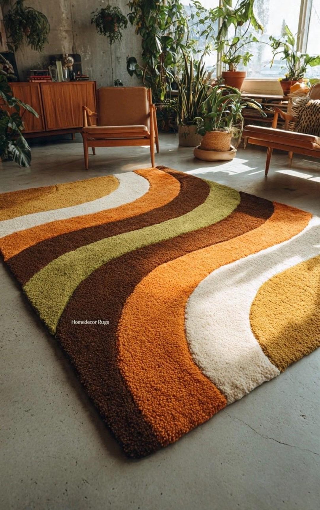 Retro Sunset Rug Retro 70s Wavy Rug, Mid Century Modern Geometric Area Rug, Hand Tufted ...