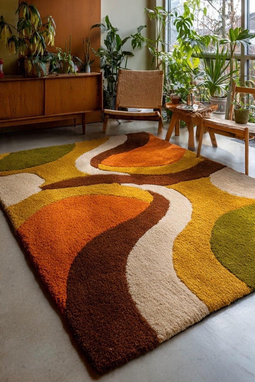 Retro Wavy Area Rug, Earth Tone Abstract Rug, Mid Century Modern Carpet ...