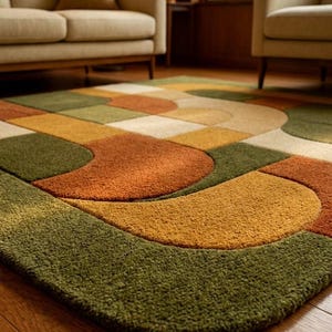 Alfombra geométrica de lana de mediados de siglo: retro, abstracta, verde y naranja, con mechones hechos a mano. Decoración vintage para sala de estar.